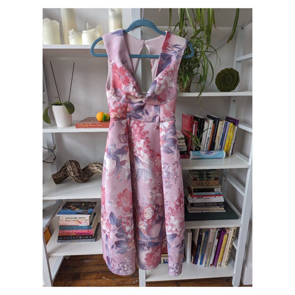 Twist Square Neck Belted Prom Skater Midi Dress In Floral Print - Size 2